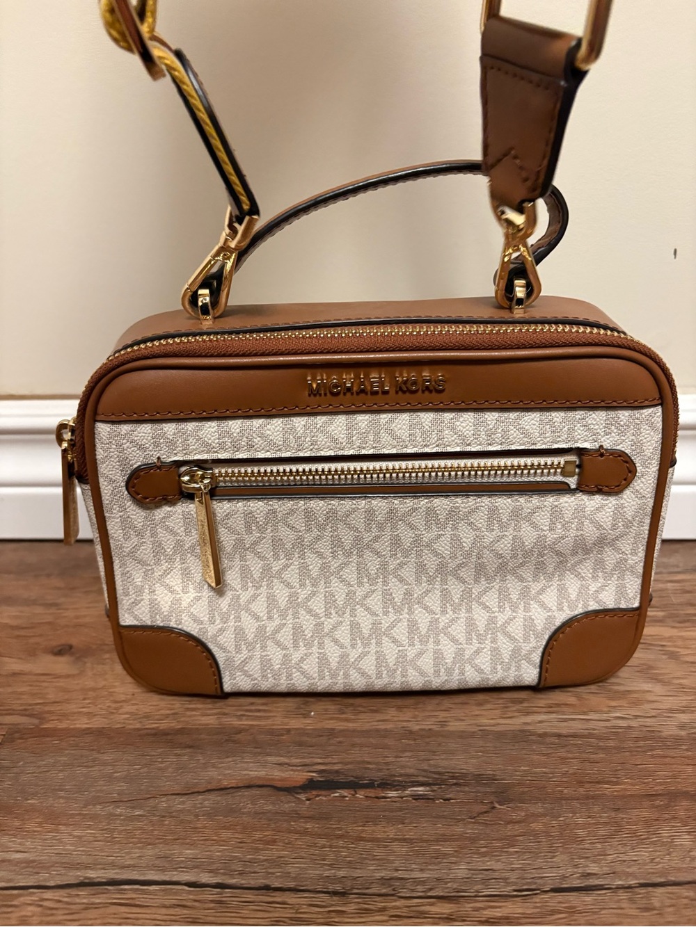 Michael Kors Cream and Brown Logo Crossbody Camera Bag